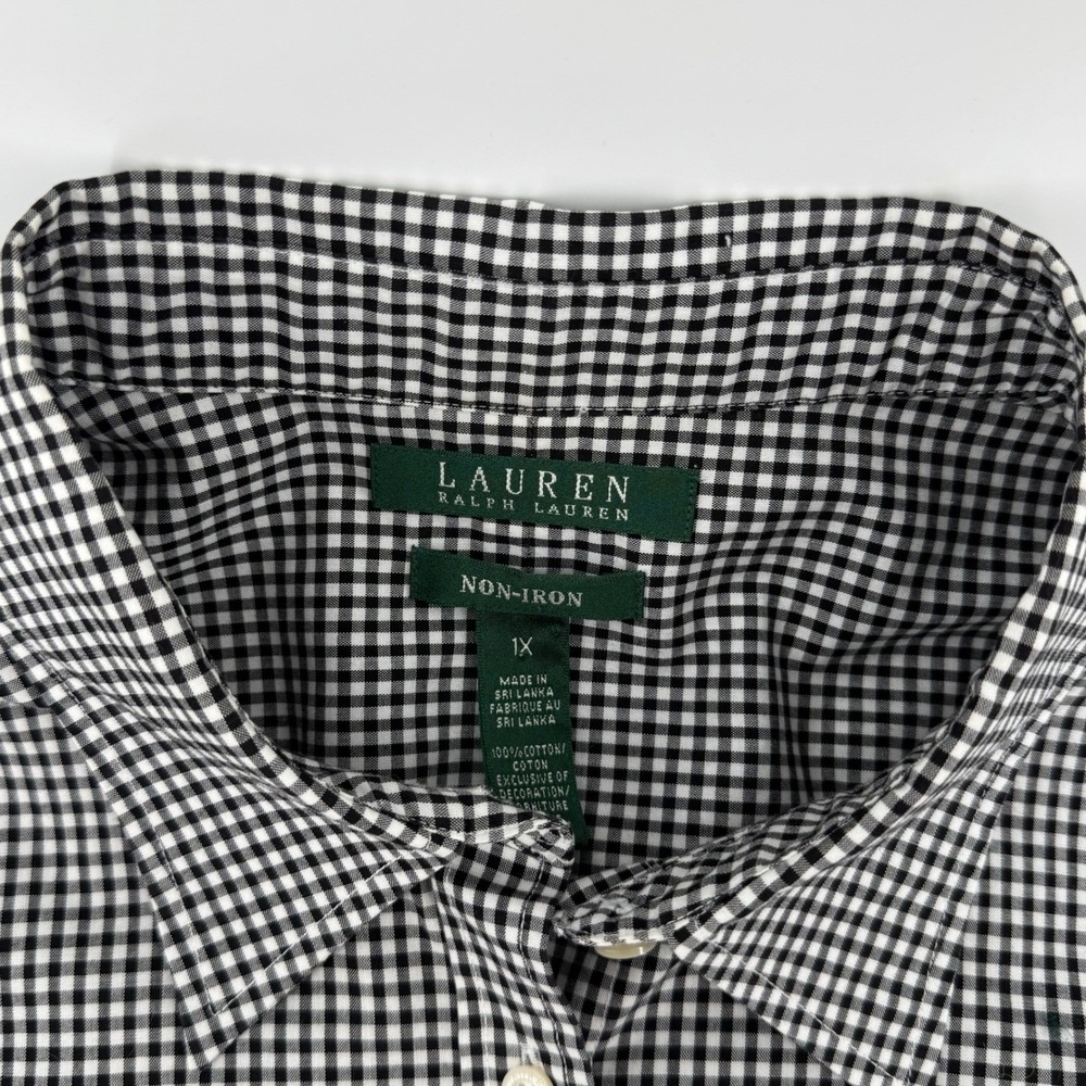 Lauren Ralph Lauren ECU Women Black White Gingham Check Button Down Blouse 1x - Picture 7 of 10